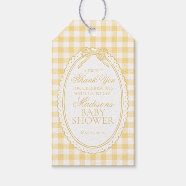 Yellow Gingham Coquette Bow Baby Shower Favors Presentetikett (Framsidan)