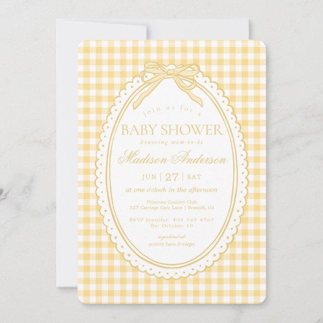 Yellow Gingham Coquette Bow Baby Shower Inbjudningar (Framsida)
