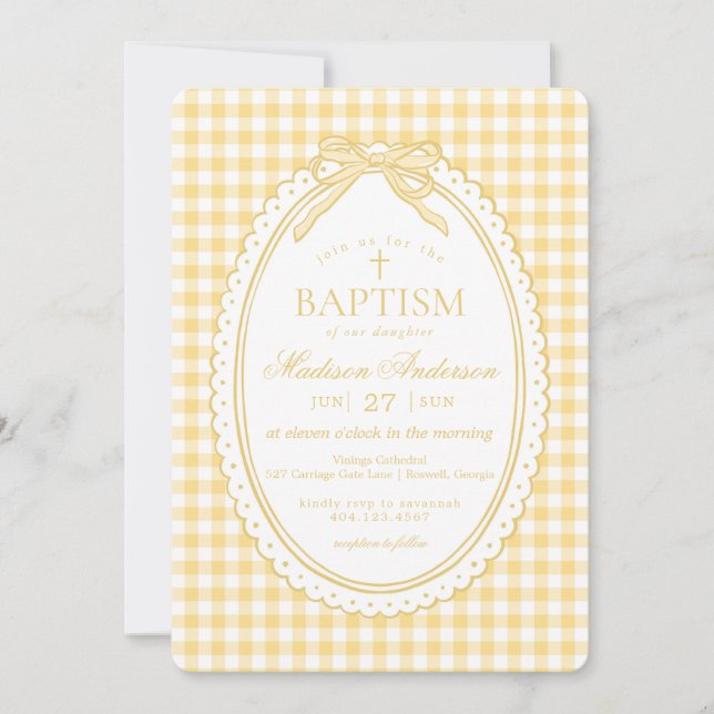 Yellow Gingham Coquette Bow Baptism Inbjudningar (Framsida)