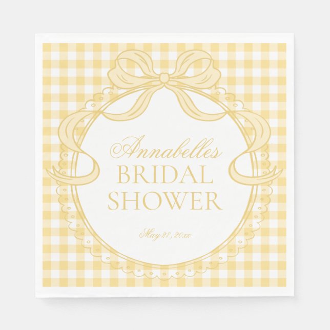 Yellow Gingham Coquette Bow Bridal Shower Dessert Pappersservett (Framsidan)