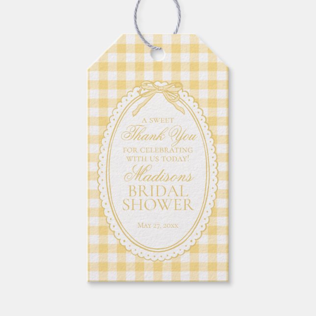 Yellow Gingham Coquette Bow Bridal Shower Favors Presentetikett (Framsidan)