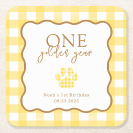 Yellow Gingham One Golden Year First Birthday Underlägg Papper Kvadrat