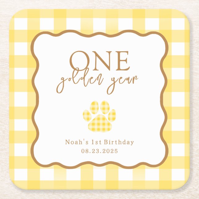 Yellow Gingham One Golden Year First Birthday Underlägg Papper Kvadrat (Framsidan)