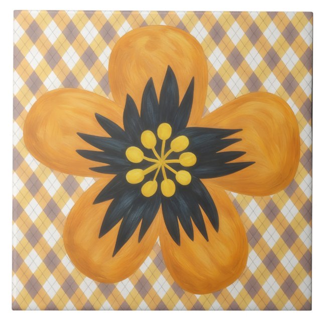 Yellow Gold and Brown Flower Art Decorative Tile Kakelplatta (Framsidan)