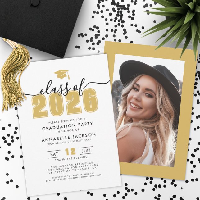 Yellow Gold Photo Graduation Party Inbjudningar (Yellow Gold Photo Graduation Party Invitation)