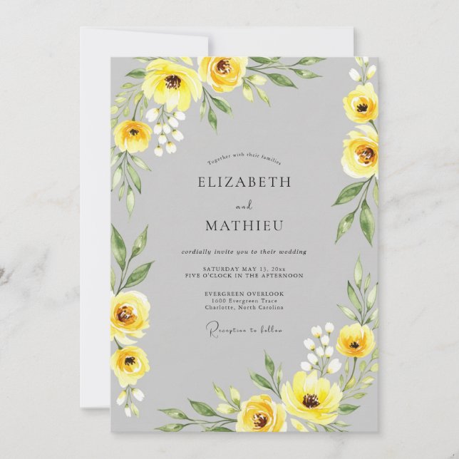 Yellow Gray Sophisticated Botanical Wedding Inbjudningar (Framsida)