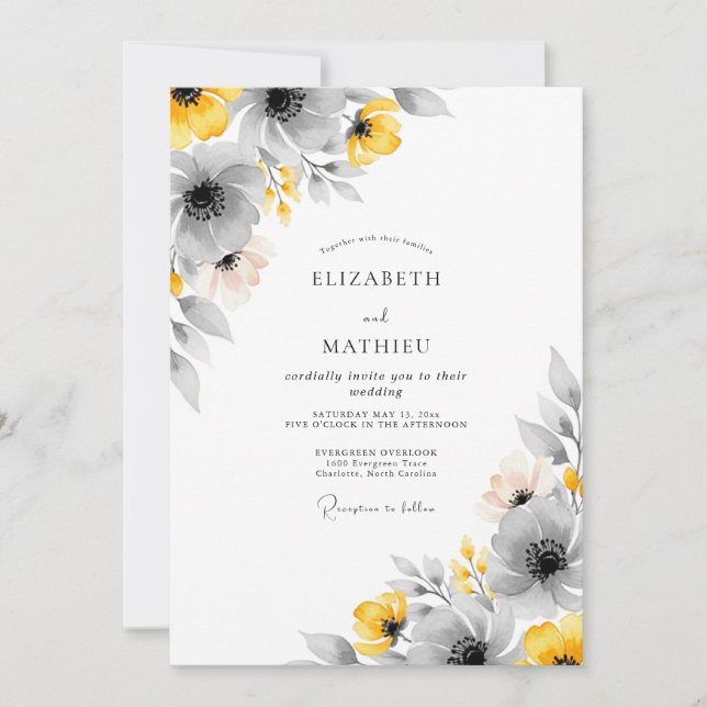 Yellow Gray Vivid Botanical Wedding Inbjudningar (Framsida)