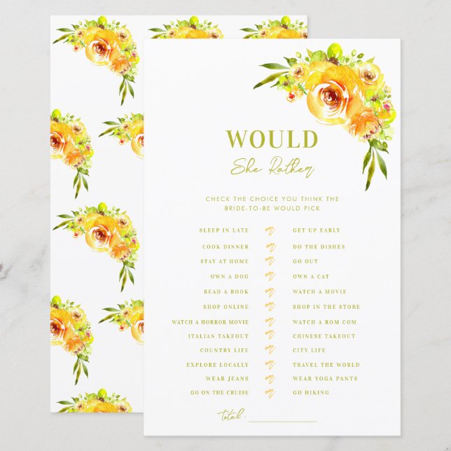 Yellow Green Bridal Shower Would She Rather Game (Fram/baksida)