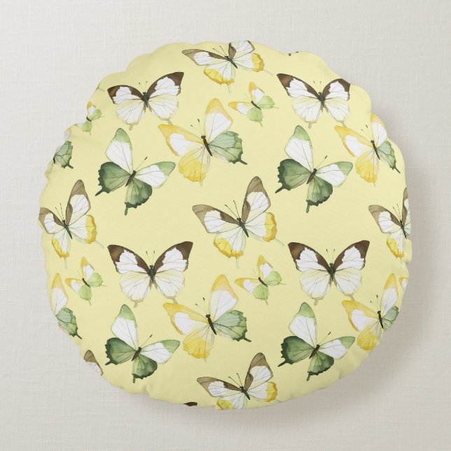 Yellow Green Butterflies Birthday Rund Kudde (Framsidan)