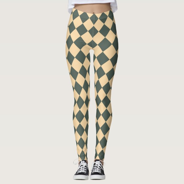Yellow Green Checker Diamond Pattern Leggings (Framsida)