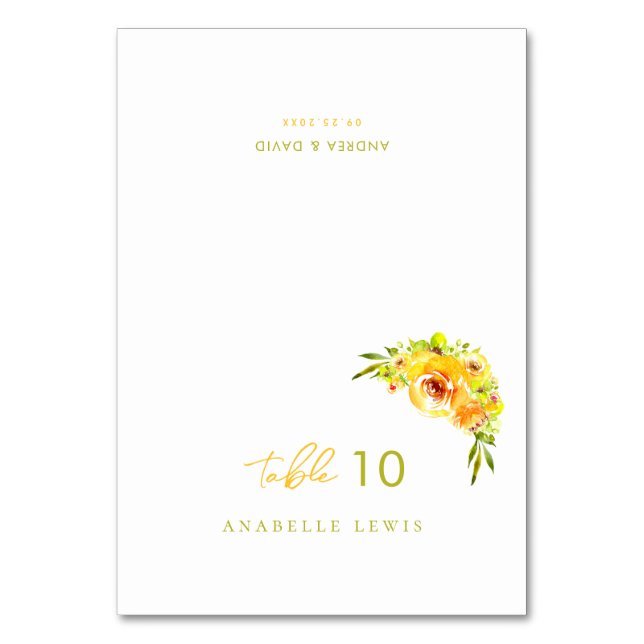 Yellow Green Floral Guest Name Wedding Place Card Bordsnummer (Framsidan)