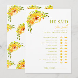 Yellow Green He Said She Said Bridal Shower Game Inbjudningar