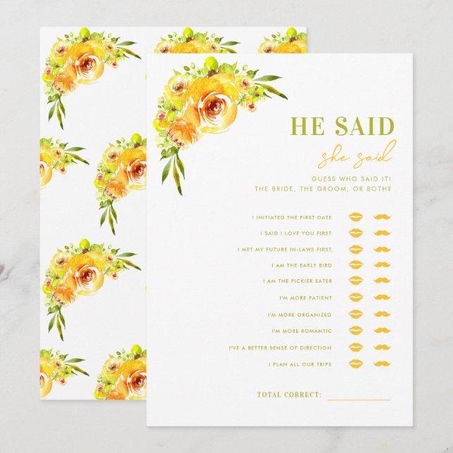 Yellow Green He Said She Said Bridal Shower Game Inbjudningar (Fram/baksida)