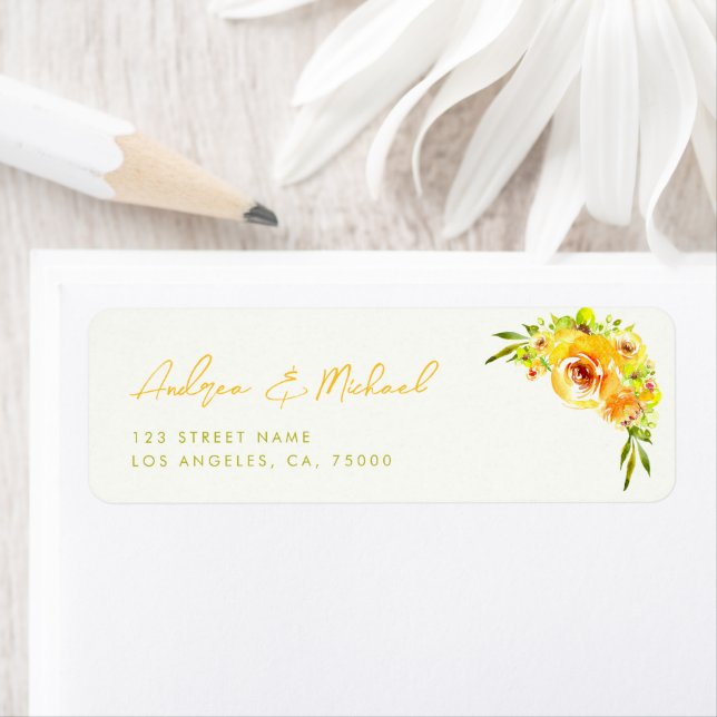 Yellow Green Vibrant Summer Bloom Floral Wedding Returadress Etikett (Insitu)