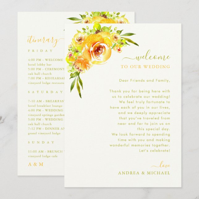 Yellow Green Wedding Welcome Letter Itinerary Card Inbjudningar (Fram/baksida)