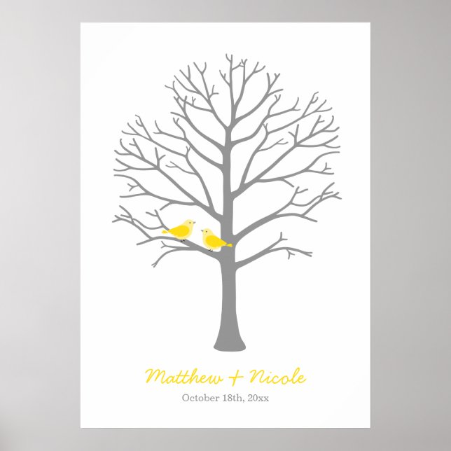 Yellow Grey Birds Fingerprint Tree Wedding Poster (Framsidan)