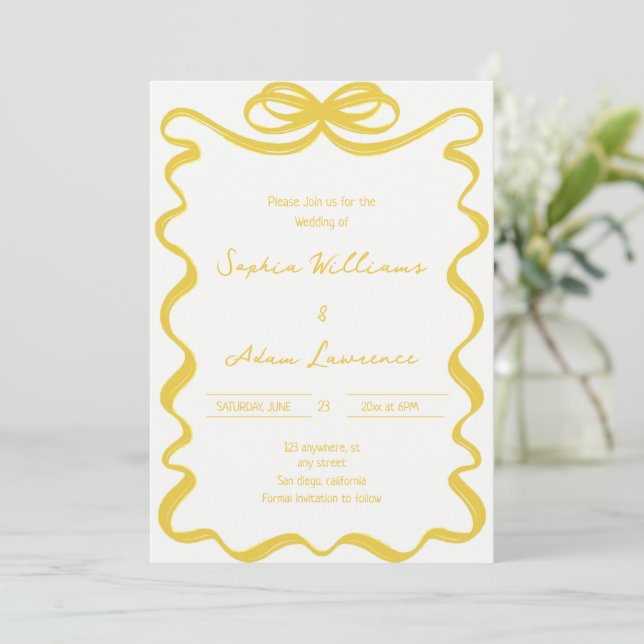 Yellow Hand Written Pinstripes Whimsical Wedding Inbjudningar (Stående Fram)