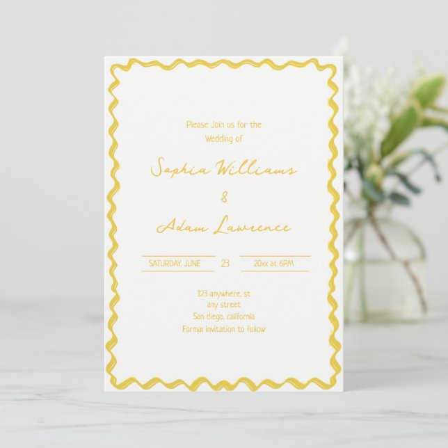 Yellow Hand Written Pinstripes Whimsical Wedding Inbjudningar (Stående Fram)