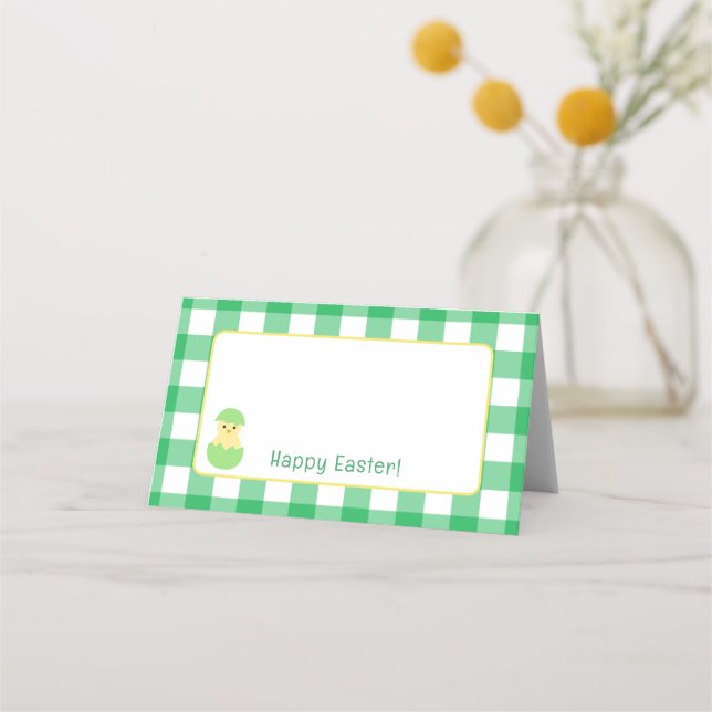 Yellow Happy Spring Chick Easter B Green Check Placeringskort (Framsida)