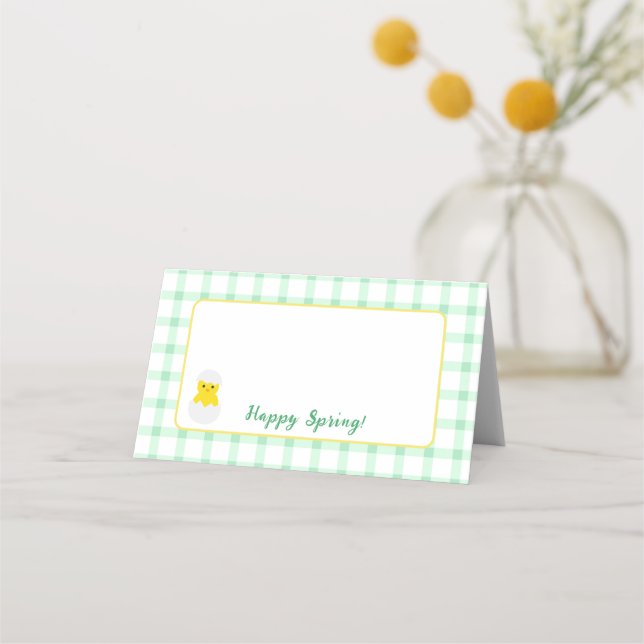 Yellow Happy Spring Chick Green Check Placeringskort (Framsida)