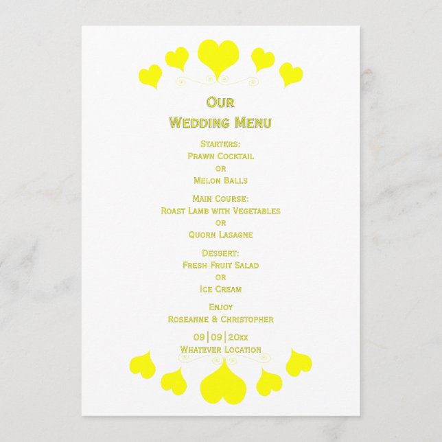 Yellow Hearts Design Wedding Meny (Framsida)
