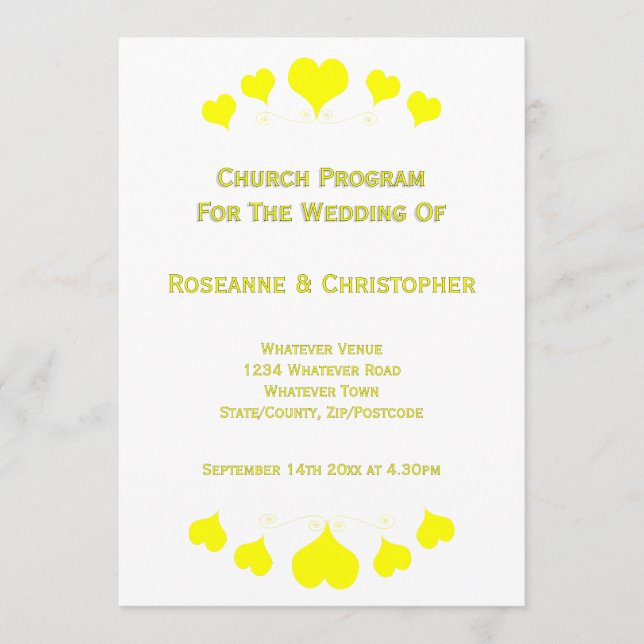 Yellow Hearts Design Wedding Program (Framsida)
