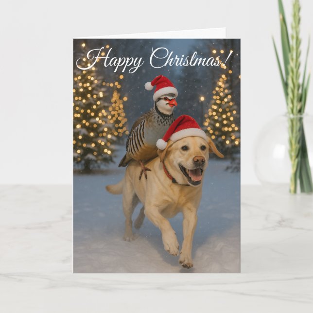 Yellow Labrador and Partridge Happy Christmas card Helgkort (Framsida)