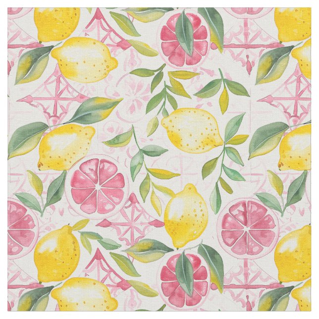 Yellow Lemon Print Fabric Cotton Fabric  Tyg (Närbild)