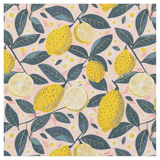 Yellow Lemon Print Fabric Cotton Fabric Tyg (Närbild)