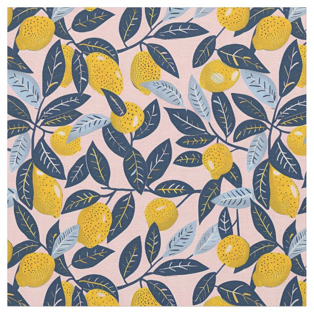 Yellow Lemon Print Fabric Cotton Fabric Tyg (Närbild)