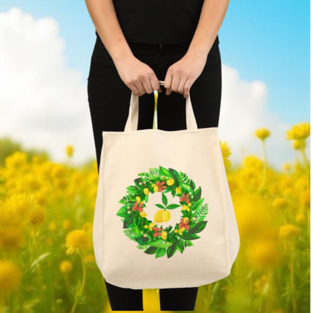 Yellow Lemon Wreath  Tygkasse (Budget tote bag makes a great gift for Mothers Day!)