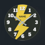 Yellow lighting bolt flash personalized rund klocka<br><div class="desc">Yellow lighting bolt flash personalized round clock. Cool powerful zigzag thunderbolt design with big number dial. Add custom name or text. Customizable colors. Cool wall clock for home,  office,  kid's room etc. Thunder strike at midnight.</div>