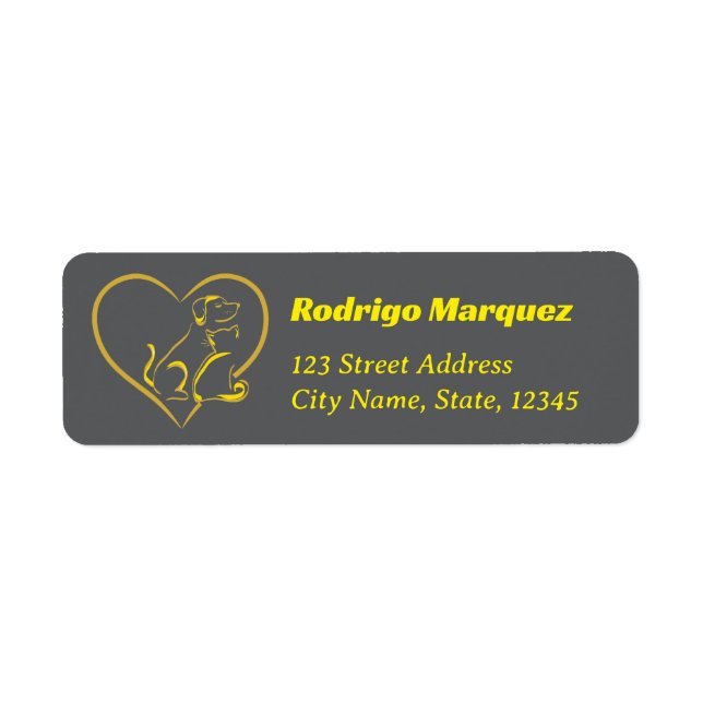 Yellow Line Art Cat, Dog, and Heart  Returadress Etikett (Framsidan)