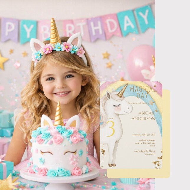 Yellow Magical Day Unicorn Girl Birthday Party Inbjudningar (Skapare uppladdad)