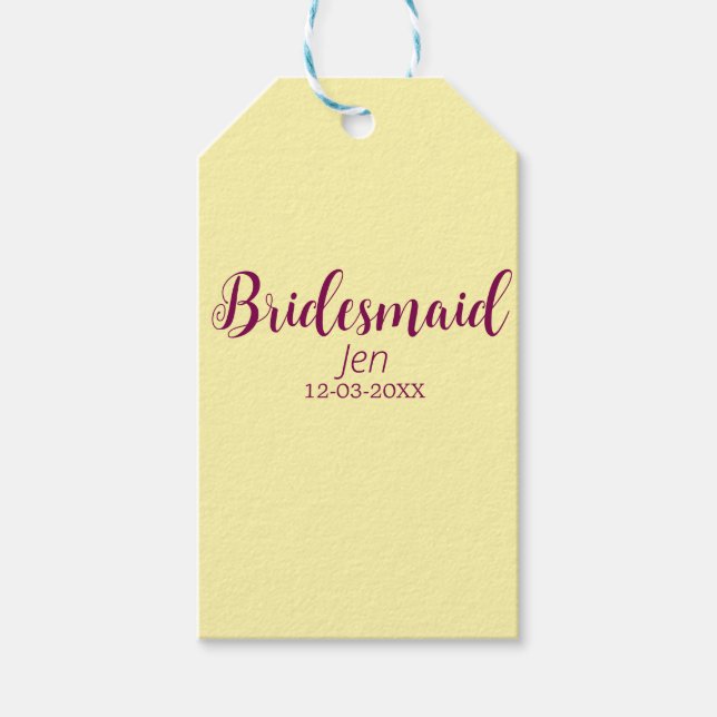 Yellow maroon bridesmaid name date stylish bride t presentetikett (Framsidan)
