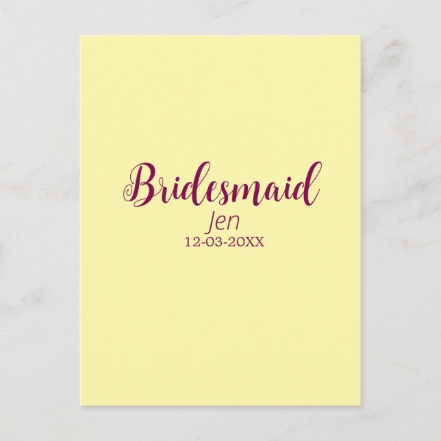 Yellow maroon bridesmaid name date stylish bride t vykort (Framsida)