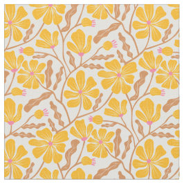 Yellow Mid Century Modern Floral Pattern Tyg