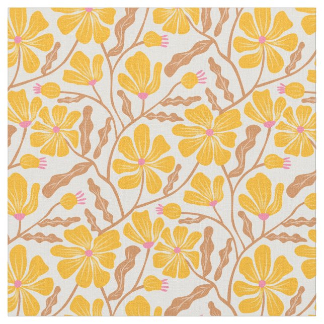 Yellow Mid Century Modern Floral Pattern Tyg (Närbild)