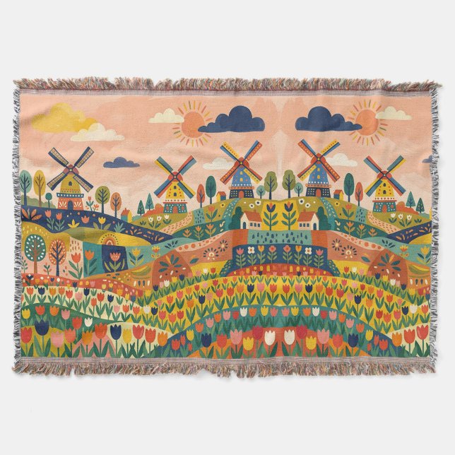 Yellow Navy Windmill Blanket - Tulip Field Filt (Framsidan)