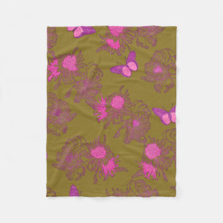 Yellow Olive Pink Butterfly Floral Fleece Blanket