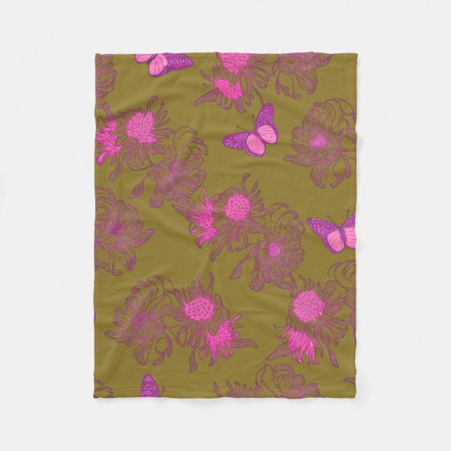 Yellow Olive Pink Butterfly Floral Fleece Blanket (Framsidan)