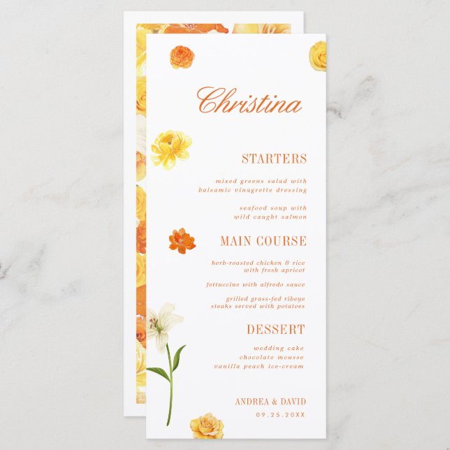 Yellow Orange Floral Custom Guest Name Garden Menu Meny (Fram/baksida)