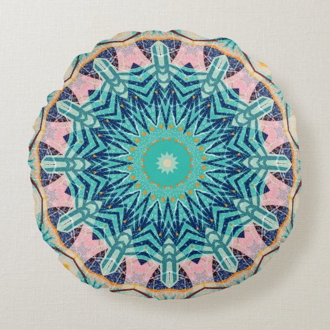 Yellow-orange, mint and pink mandala. rund kudde (Framsidan)