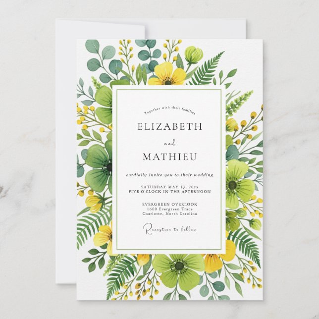 Yellow Organic Botanical Wedding Inbjudningar (Framsida)