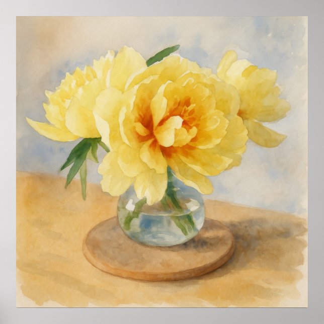 Yellow Peonies – Watercolor Art Print Poster (Framsidan)