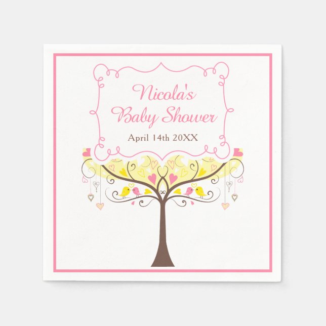 yellow Pink Floral Bird Baby Shower  Pappersservett (Framsidan)