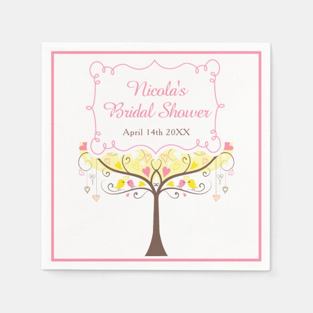 yellow Pink Floral Bird Bridal Shower  Pappersservett (Framsidan)