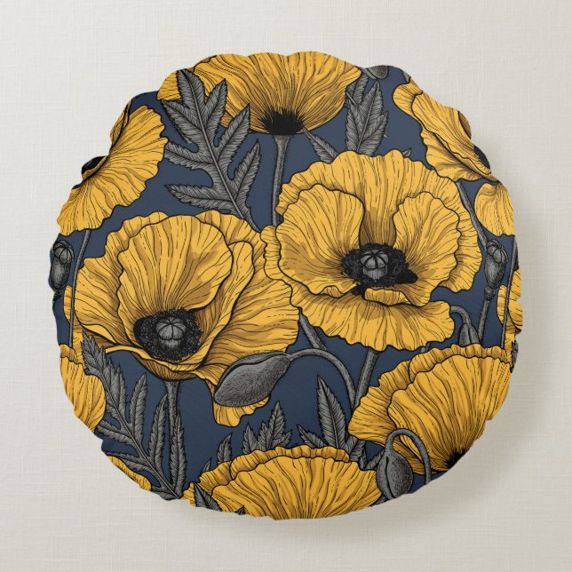 Yellow poppies on navy rund kudde (Framsidan)
