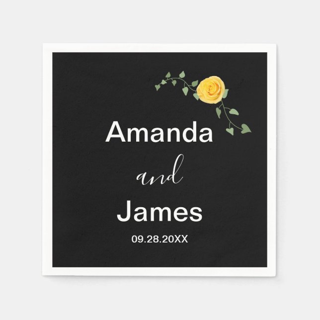 Yellow Rose and Green Vine Elegant Black Wedding Pappersservett (Framsidan)