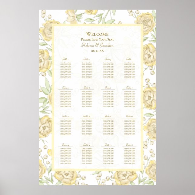 Yellow Rose Wedding Seating Chart Poster (Framsidan)